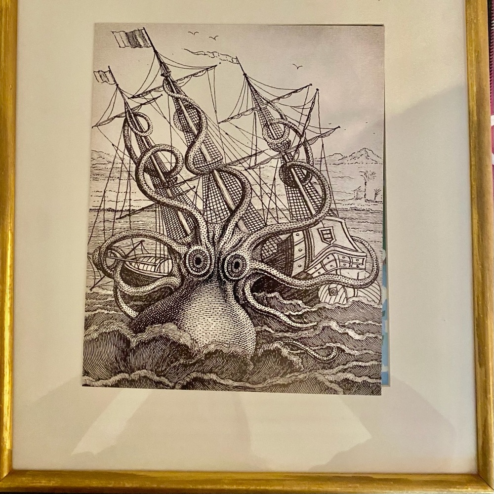 Art- Kraken photo in gold frame w glass 8x10